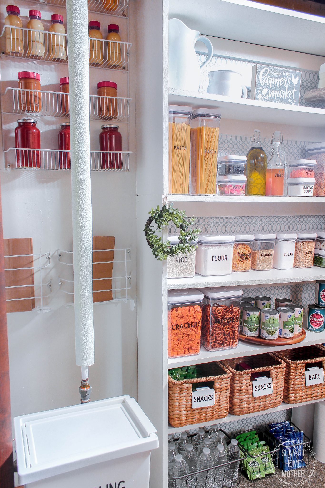 finished small pantry organization vertical with pool noodle