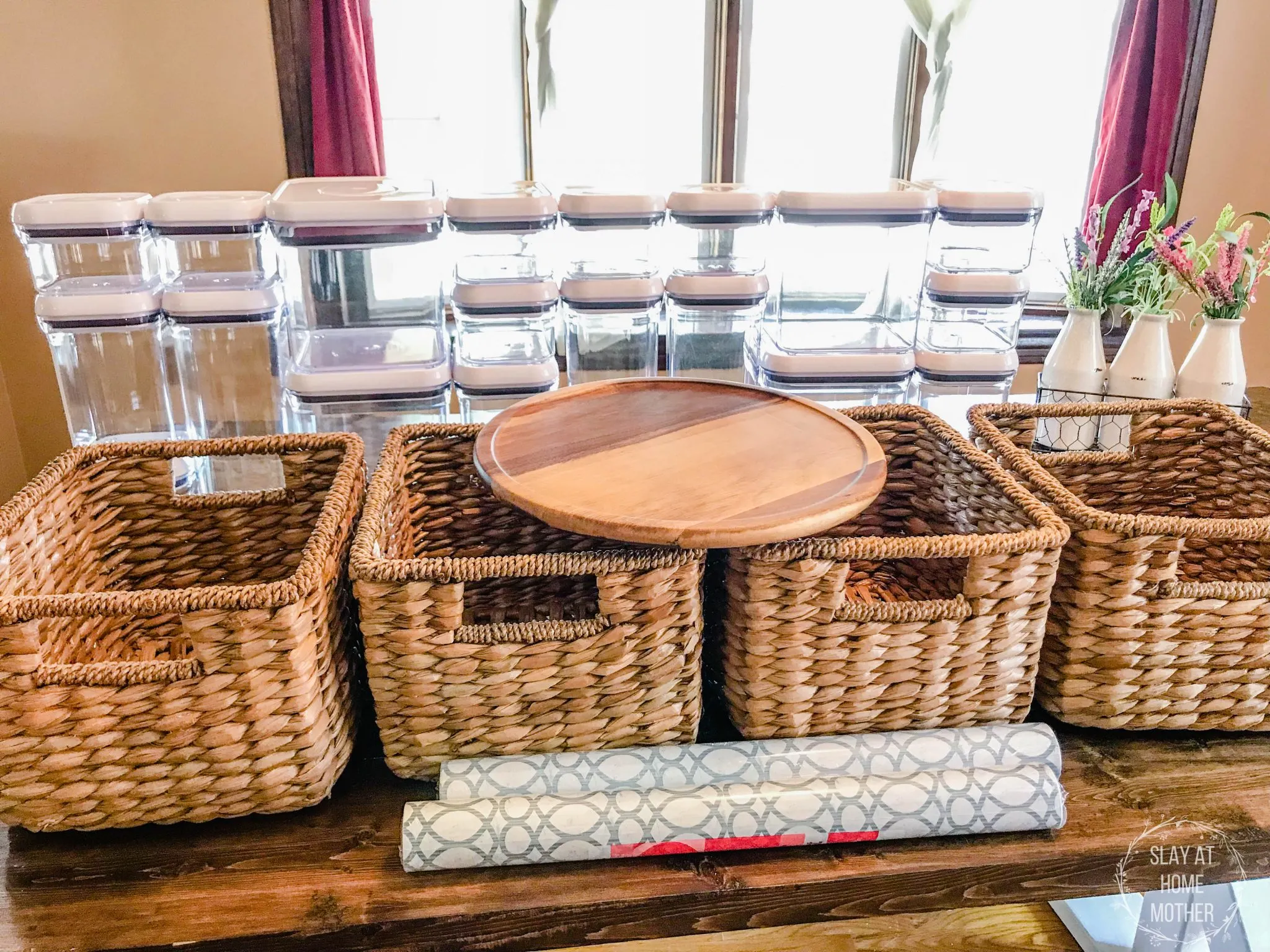 Organization supplies I picked up to complete this project - contact paper, baskets, airtight containers, and a wooden turn table from Target