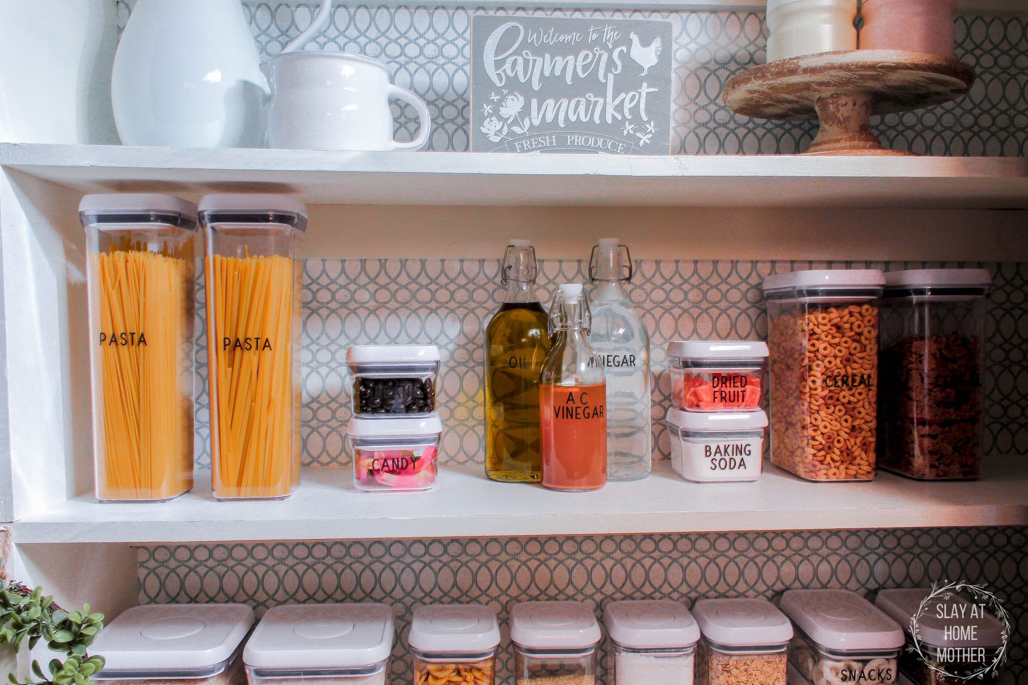 Dry goods stored in airtight containers and liquids stored in glass bottles