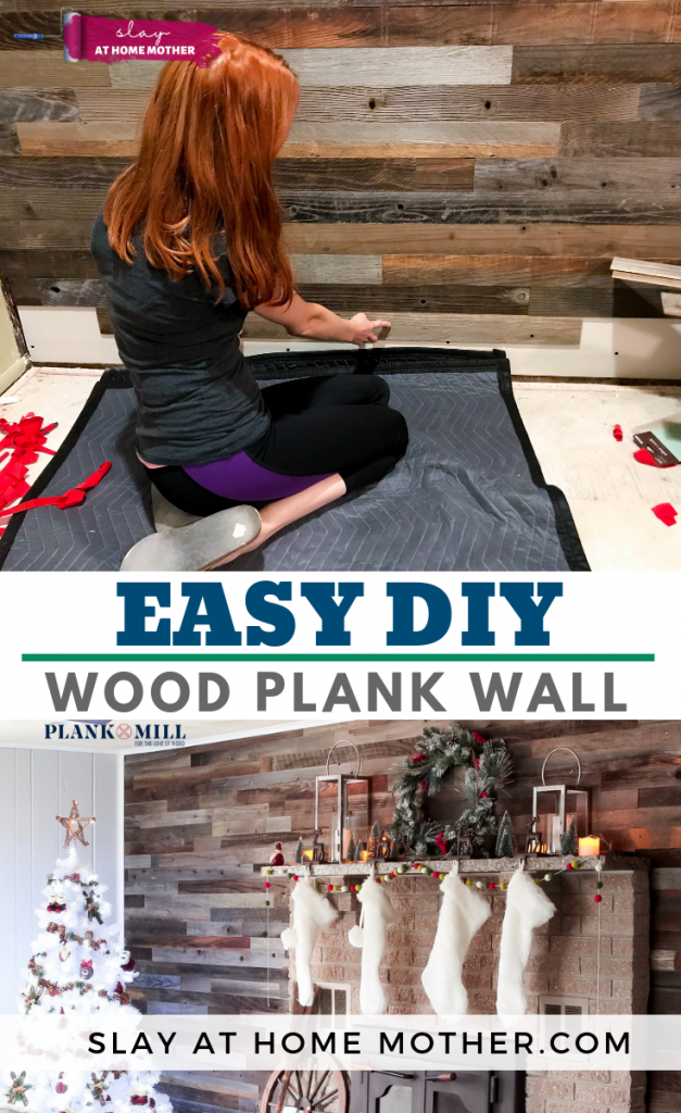 EASY DIY Wood Plank Wall with #plankandmill #slayathomemother #reclaimedwood #farmhouse - SLAYathomemother.com