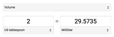 conversion calculation showing that 2 tbsp equals 30mL of liquid