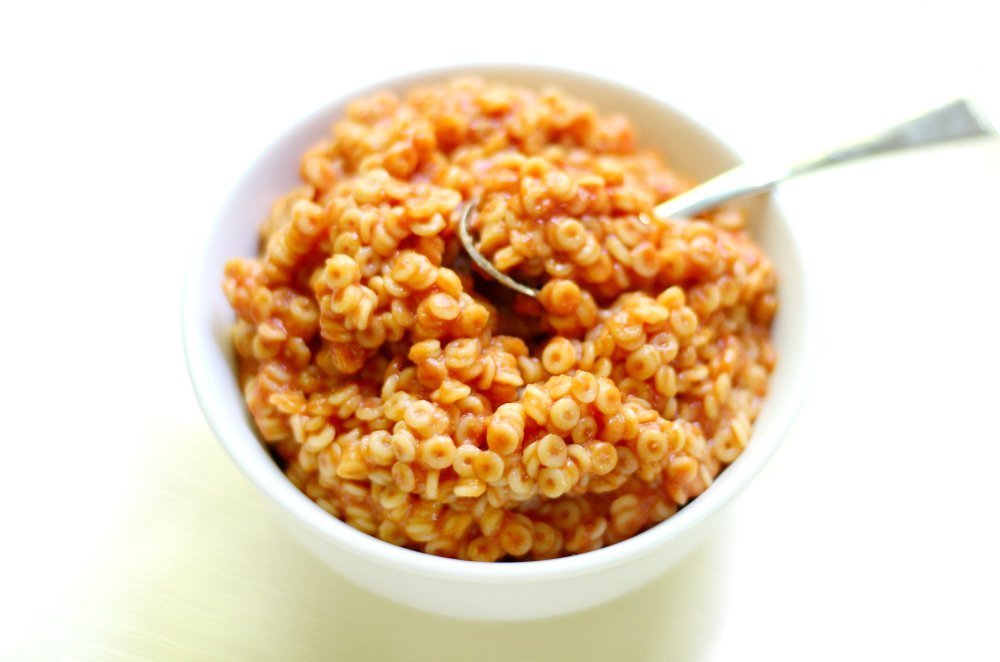 Homemade spaghetti-o's in a white bowl