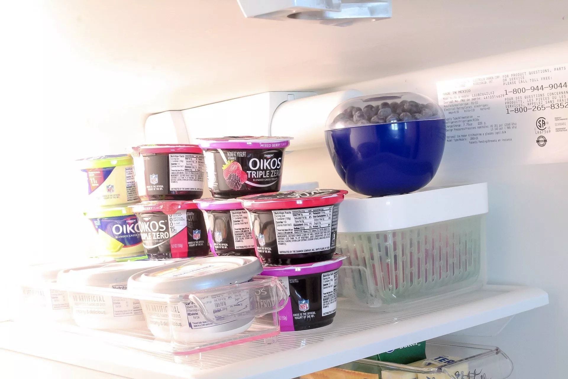 Our organized top shelf where we put out blueberries, yogurt, and cream cheese!