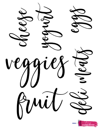 Cursive fridge labels that read 'veggies', 'fruit', cheese', 'yogurt', deli meats', and 'eggs'