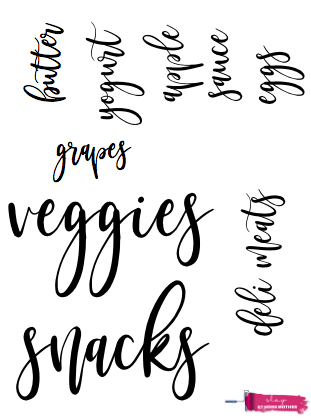 Cursive fridge labels that read 'veggies', 'snacks', deli meats, 'grapes, 'butter', yogurt', apple sauce', and 'eggs'
