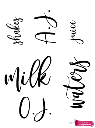 Cursive fridge labels that read 'milk', 'waters', 'O.J.', 'A.J.', 'shakes', and 'juice'.