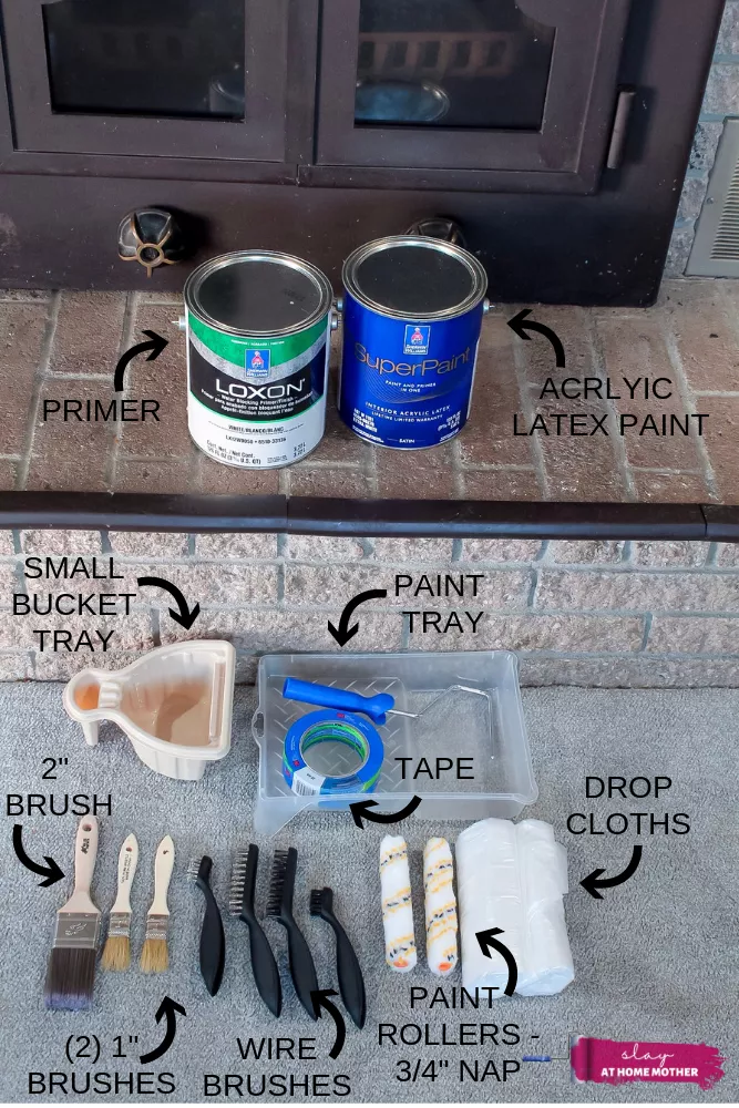 Shot of materials you need to clean, prime, and paint a brick fireplace