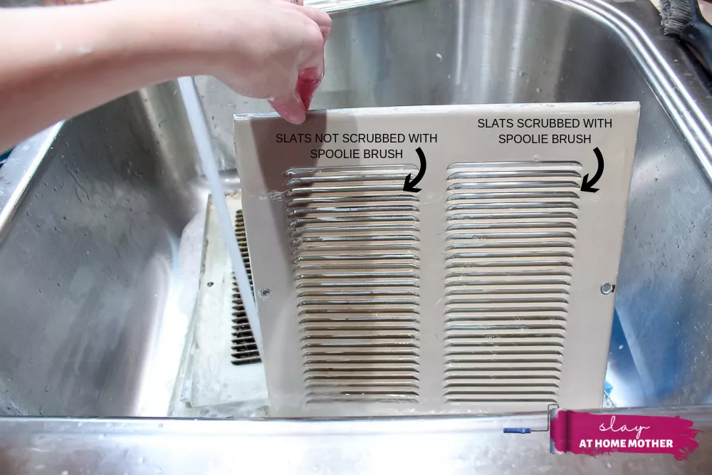 Showing the difference between vent slats scrubbed with spoolie brush vs. vents that were scrubbed with regular sponge.