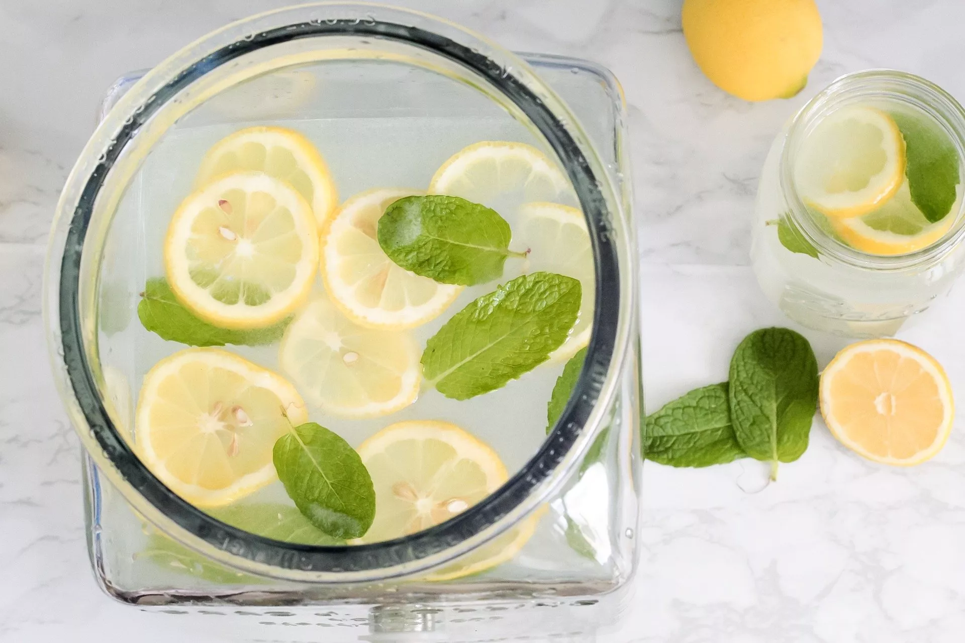 top view of mint lemonade in beverage dispenser