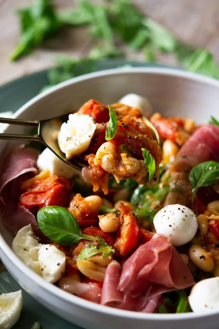 Warm White Bean Salad With Tomato, Prosciutto, & Baby Mozzarella