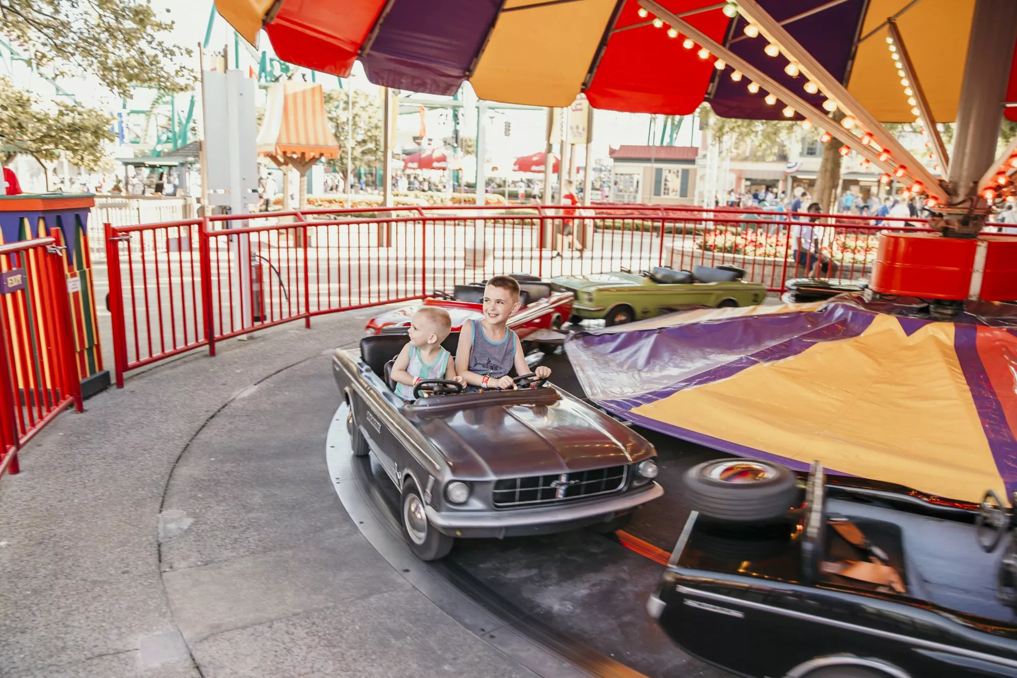 boys on a car ride in cedar point