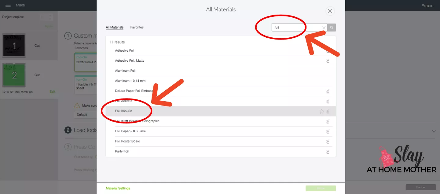 cricut design space select custom material