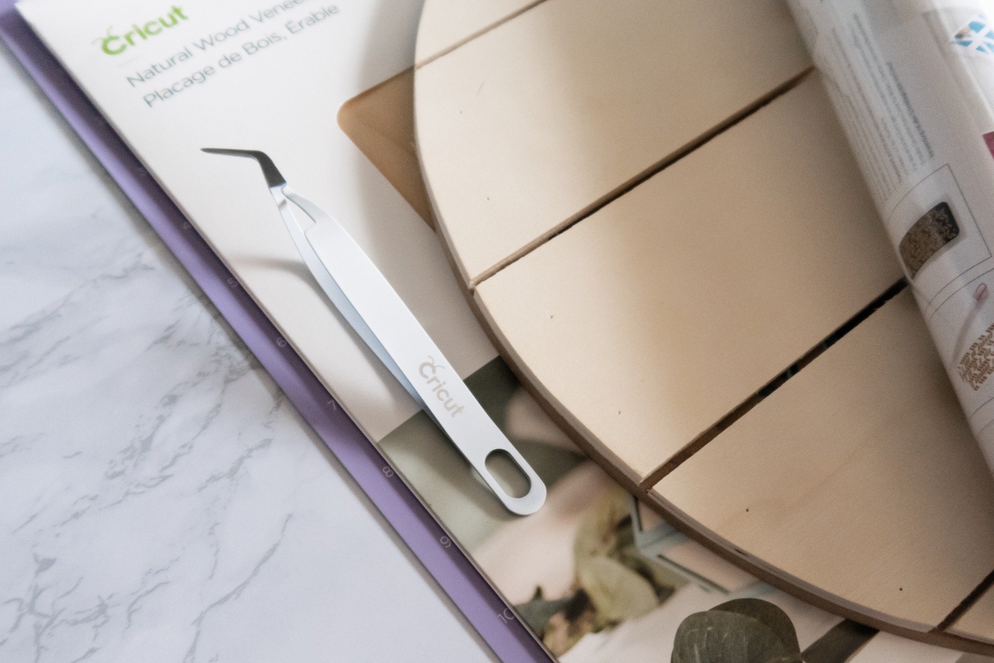 cricut wood veneers and tweezers