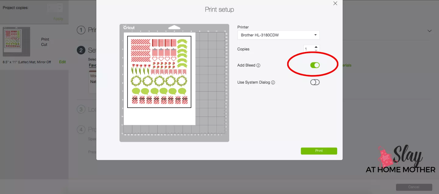 print then cut printer settings cricut screenshot