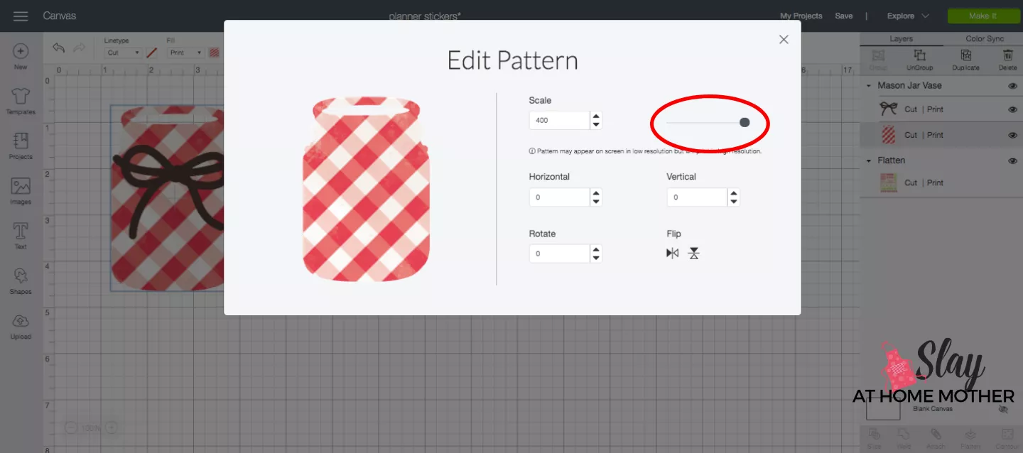 screenshot change pattern scale design space plaid