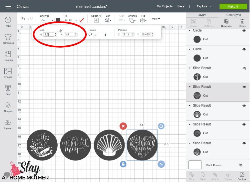 design space screenshot of sizing round infusible ink coasters