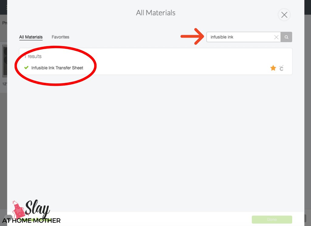 design space screenshot showing how to select a custom material before cutting