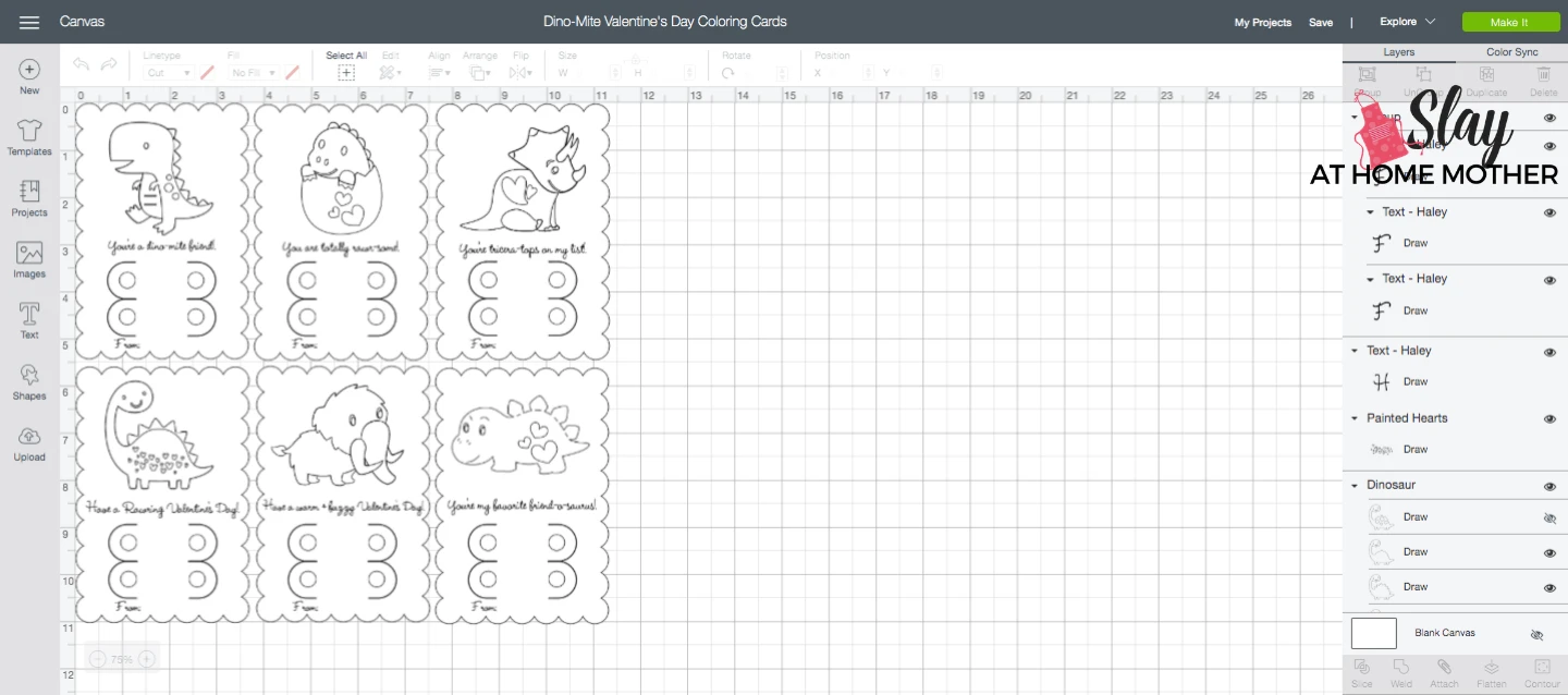 screenshot of dino-mite valentine's day coloring cards cricut design space mat