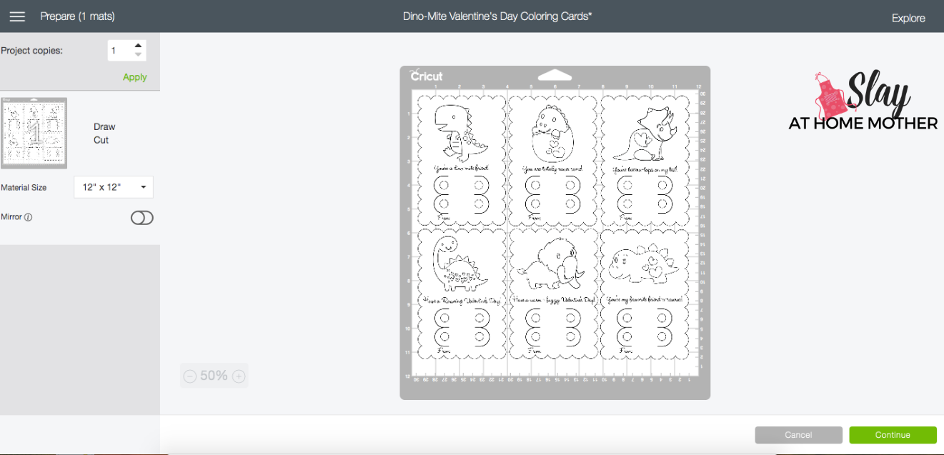dino-mite valentine's day coloring cards cricut design space mat