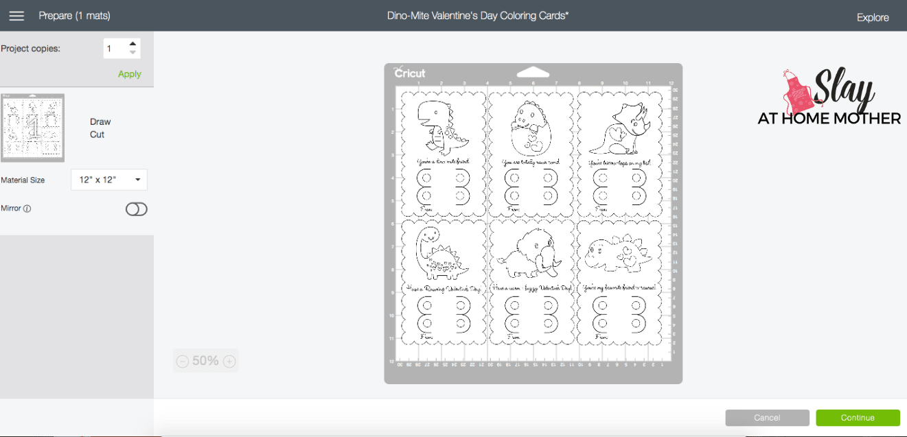 dino-mite valentine's day coloring cards cricut design space mat