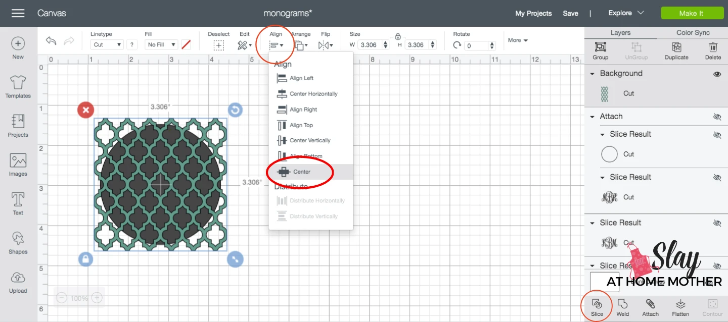 align center and slice images in design space