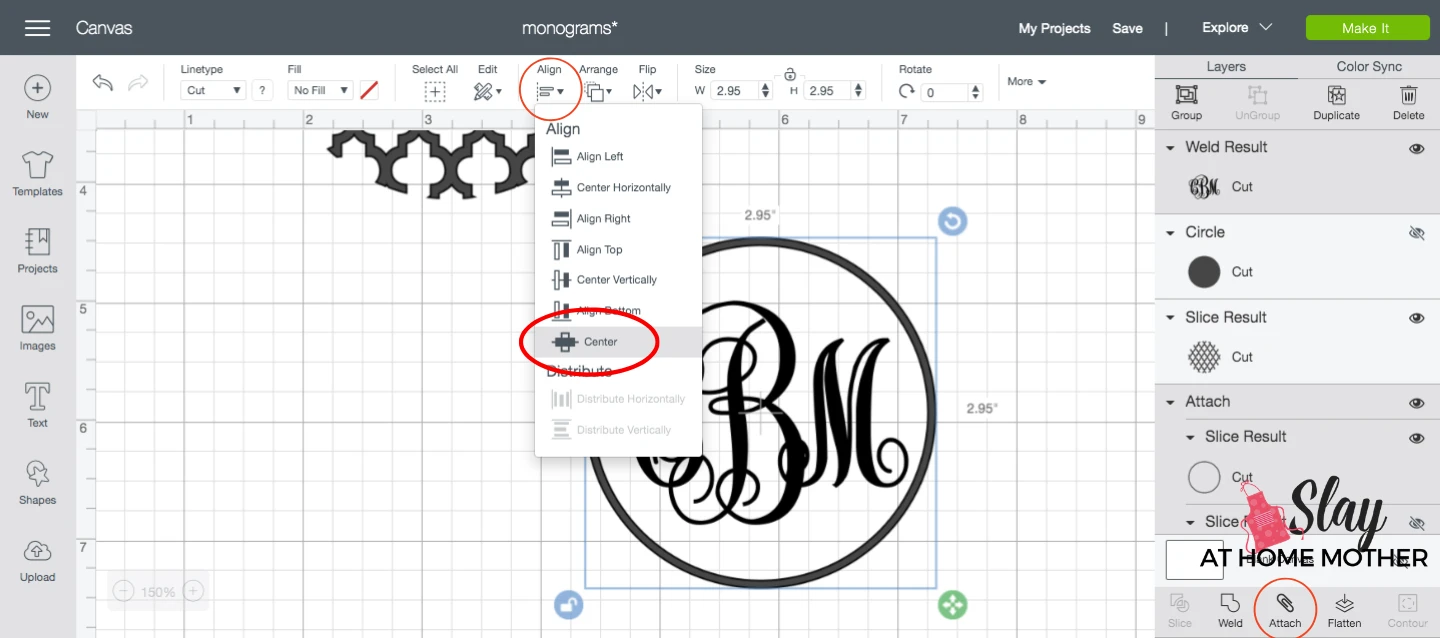 center align and attach objects in design space screenshot