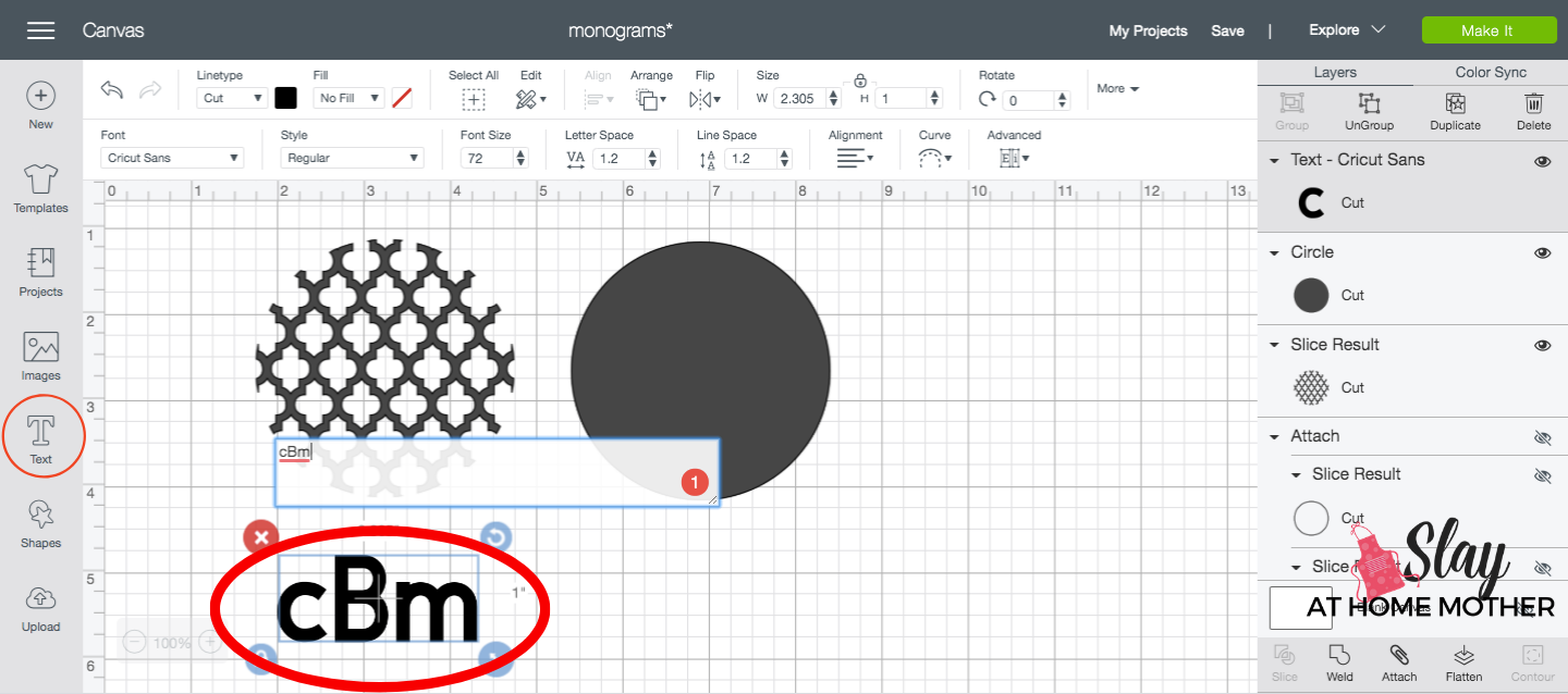 creating a monogram in design space screenshot text