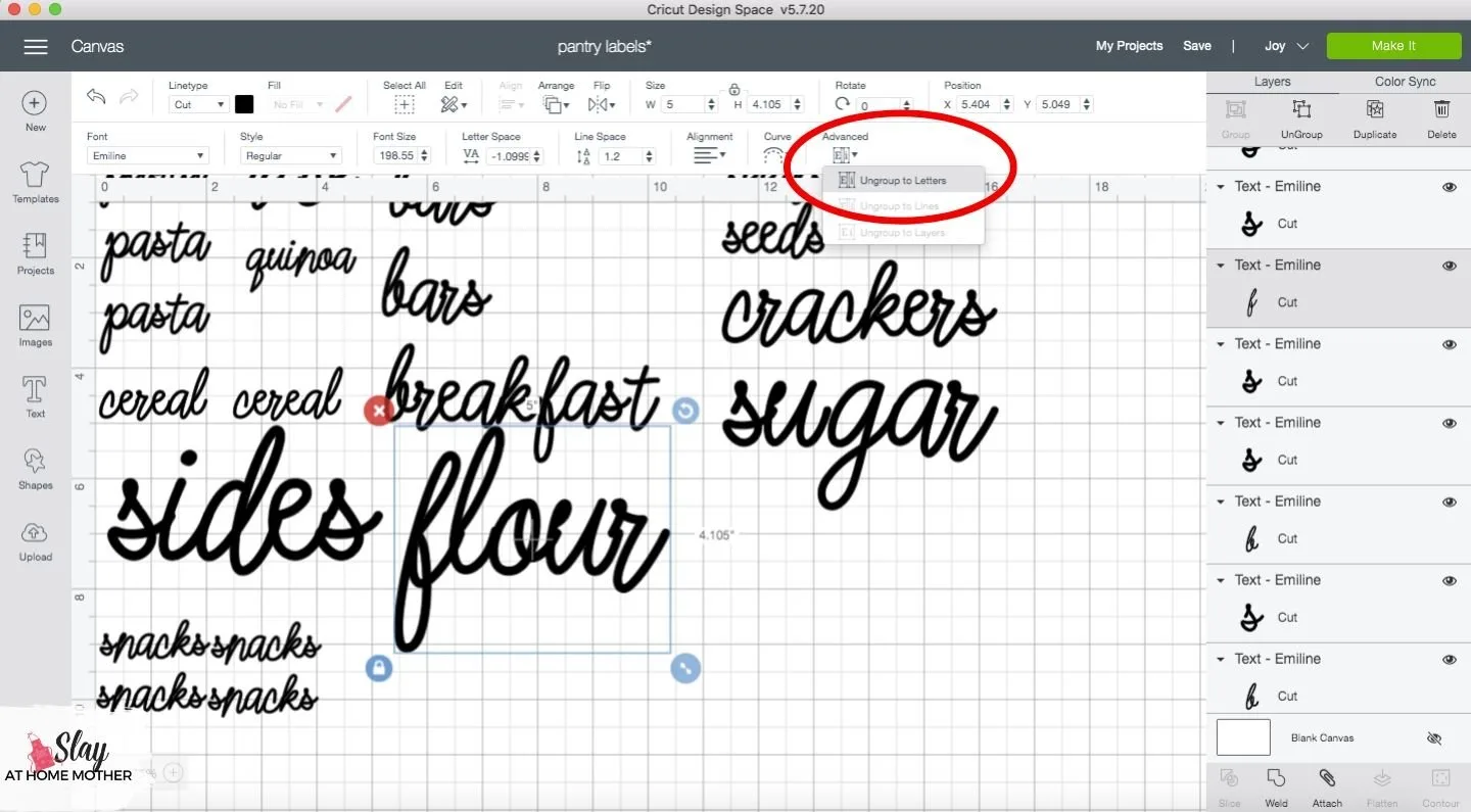 ungroup to letters cricut design space