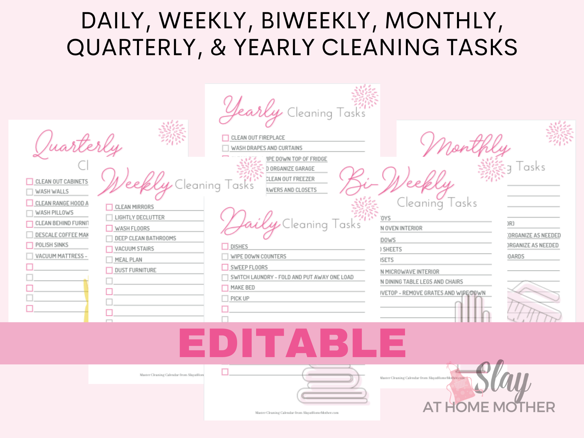 Cleaning Checklists - Daily, Weekly, Biweekly, Monthly, Quarterly, Yearly Printables