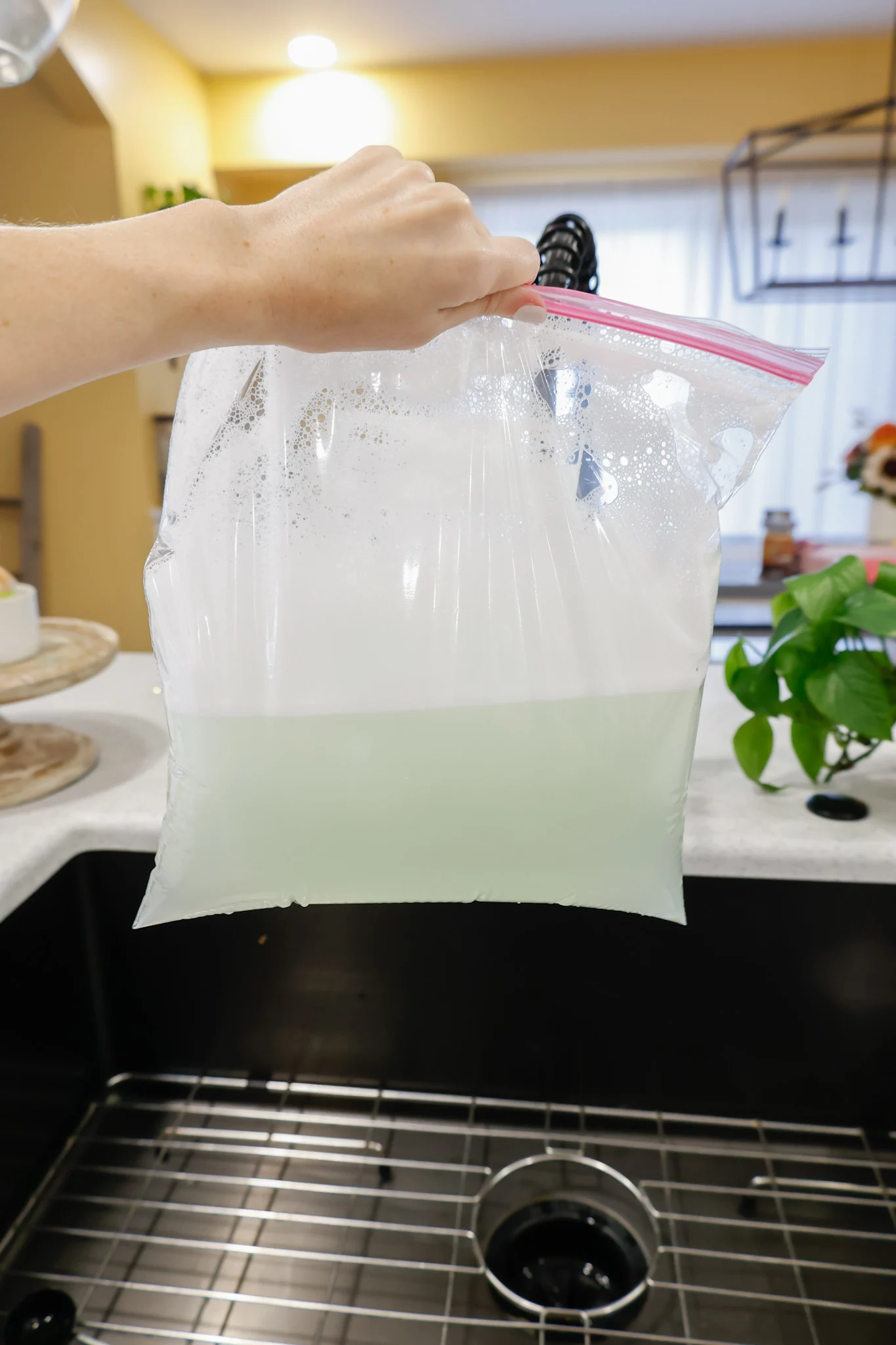 dish soap, baking soda, and hot water in gallon size bag