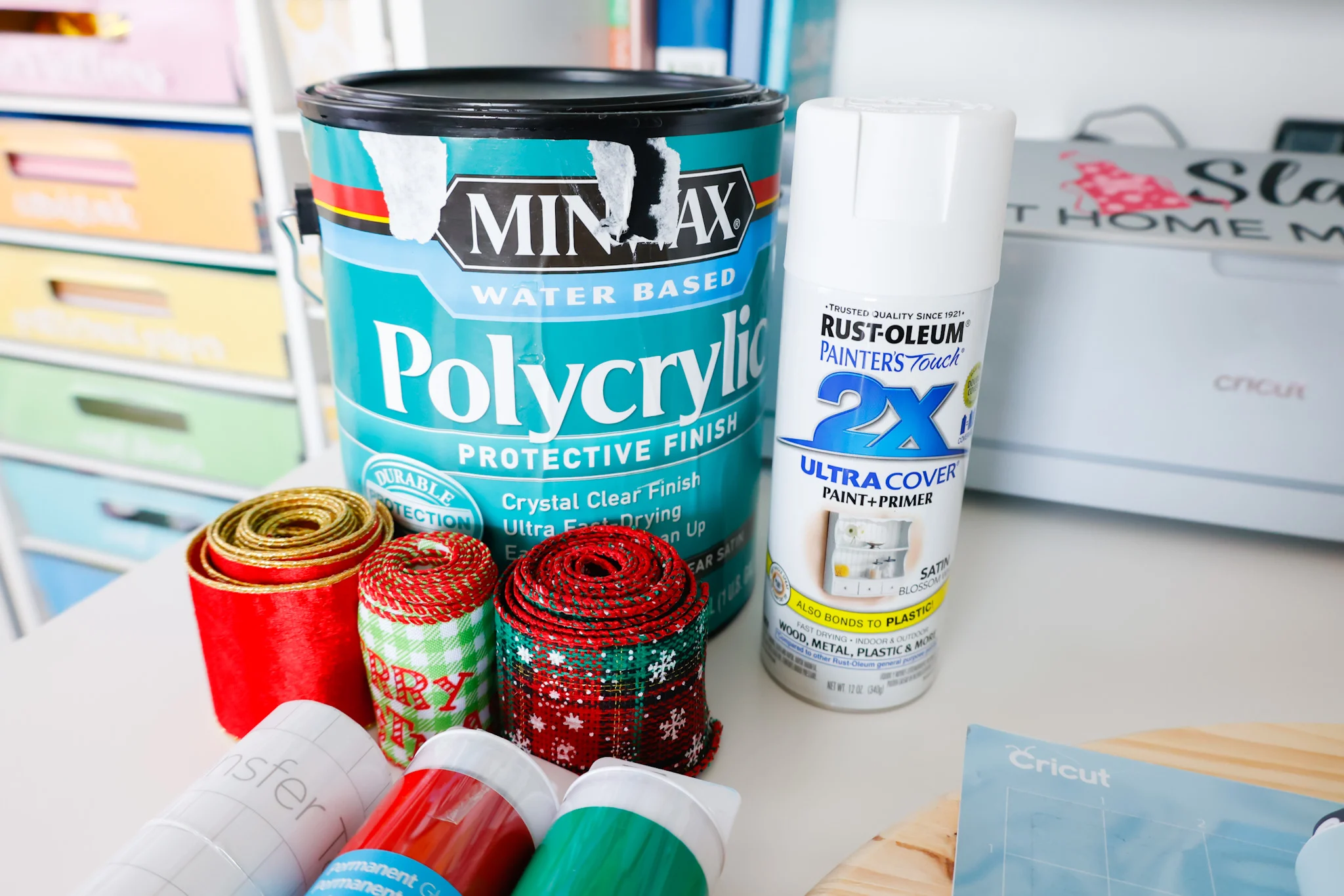 polycrylic, ribbon, and spray paint