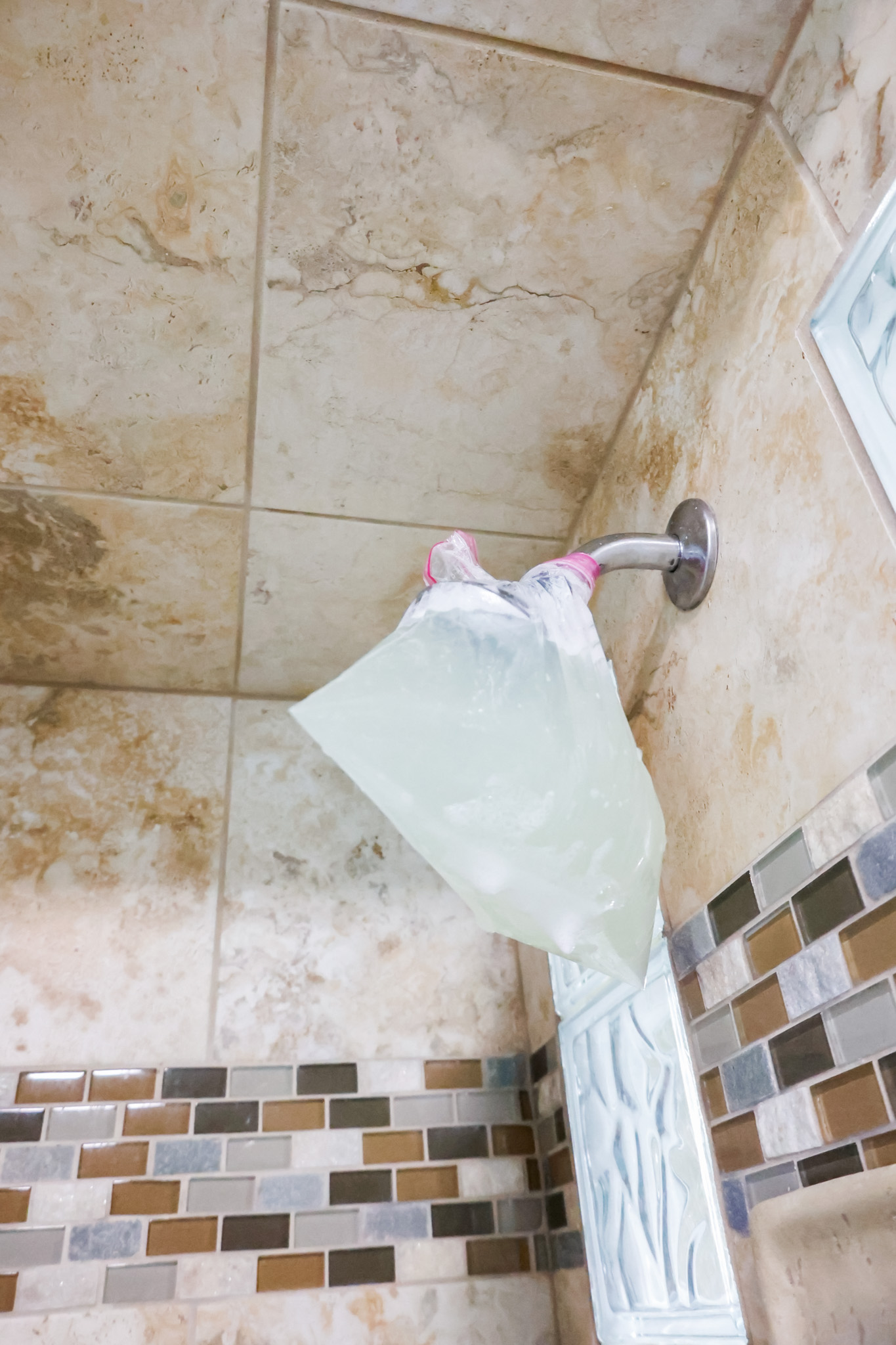 vertical shot of bag shown fastened to showerhead