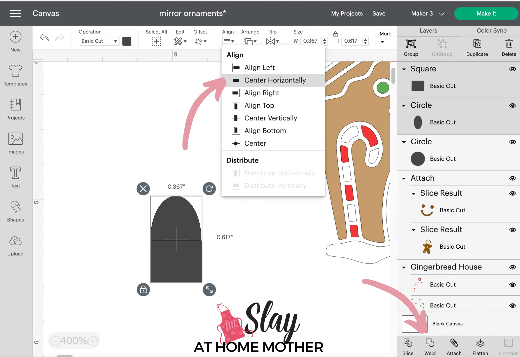 welding and centering two objects in design space screenshot