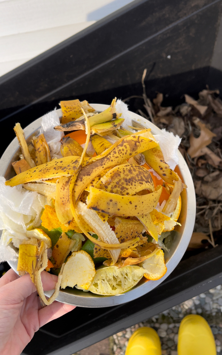 adding greens to diy compost bin