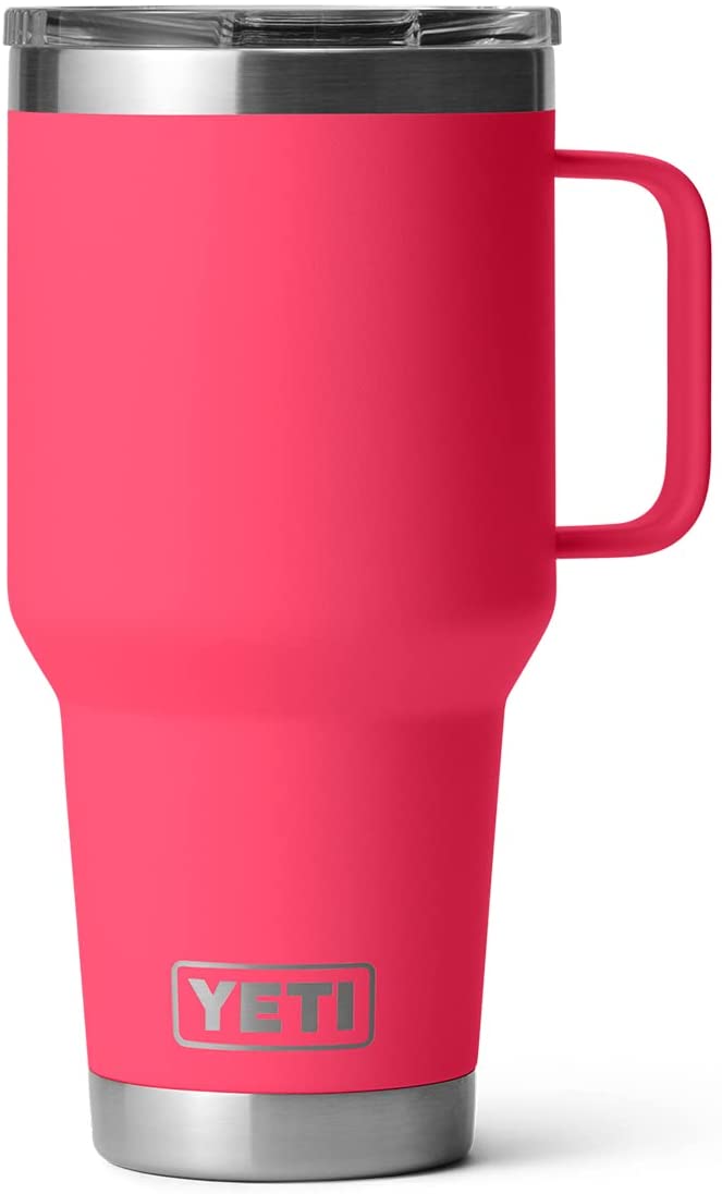 yeti travel mug in hot pink with handle