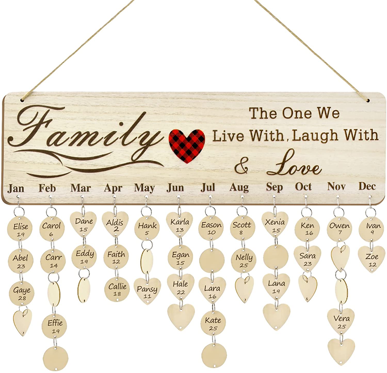 family birthday calendar with hanging hearts for each month gift