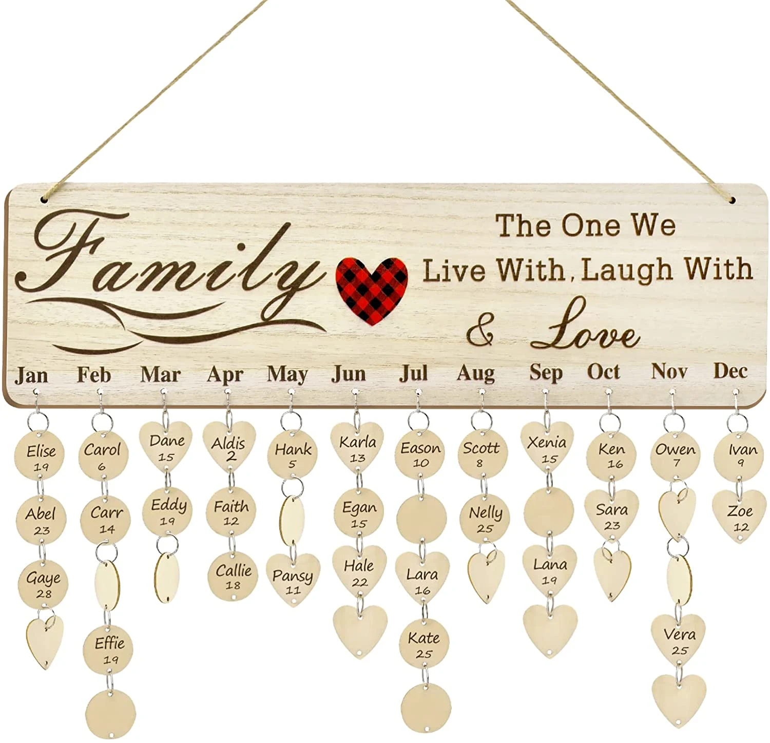 family birthday calendar with hanging hearts for each month gift