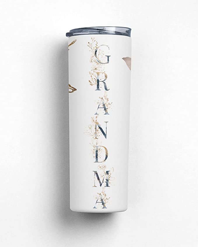 tall tumbler that reads 'grandma' in vertical letters