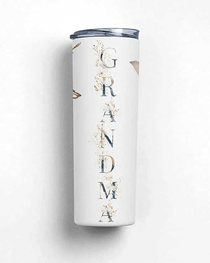 tall tumbler that reads 'grandma' in vertical letters