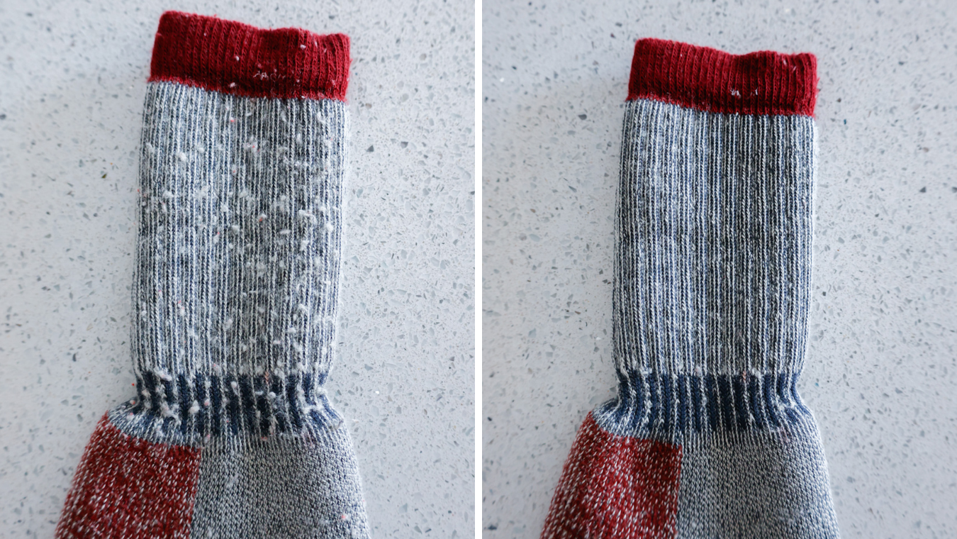 wool socks before and after fabric shaver